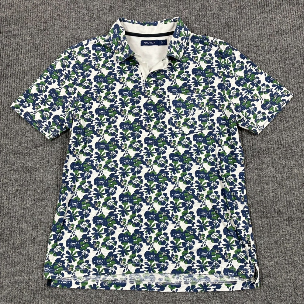 Nautica Mens L Floral Polo Shirt Blue Green White All Over Print Short Sleeve